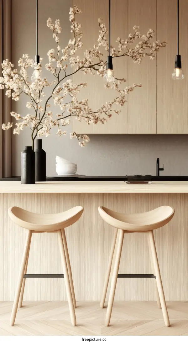 Modern Wooden Kitchen Bar with Cherry Blossom Decor