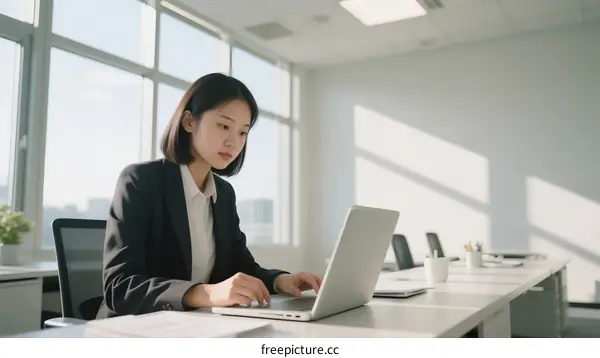 Professional woman working on laptop in modern office