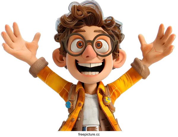 [Transparent Background PNG]A boy with glasses is raising his hands