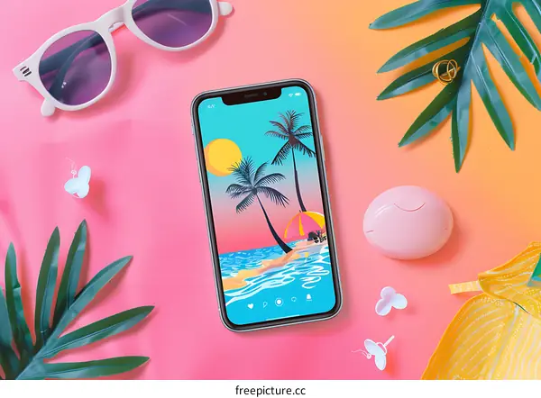 Summer Beach Vacation Illustration on Smartphone