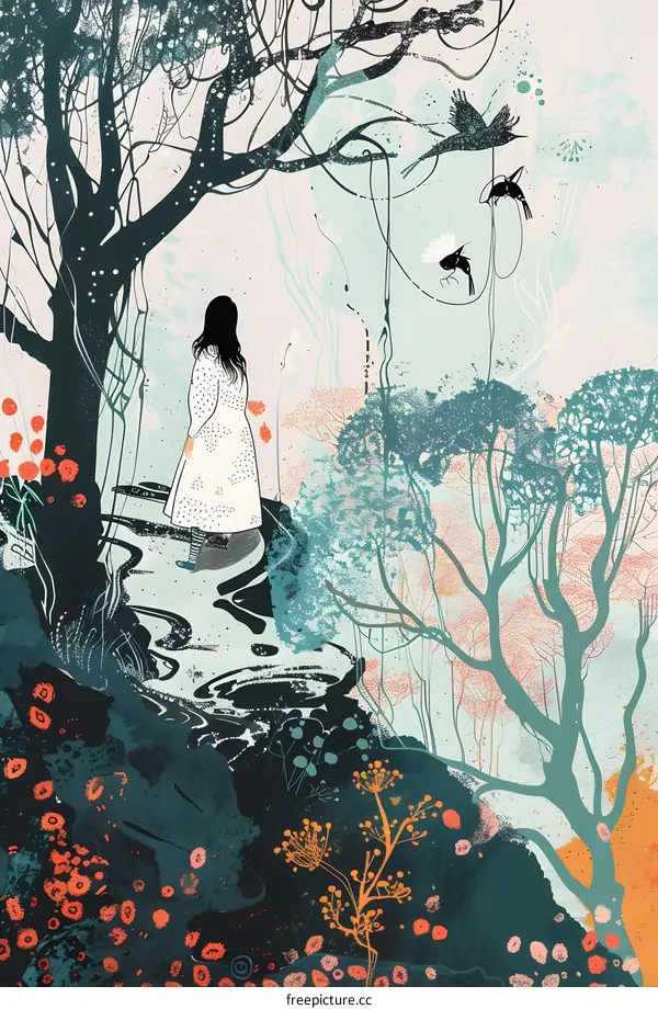 Woman Walking Through a Dreamlike Forest