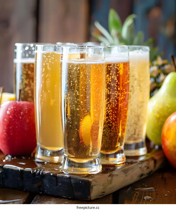 Apple Cider In Glasses With Fruit On Wooden Board