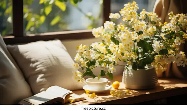 A beautiful bouquet of white flowers sits on a table near a window.