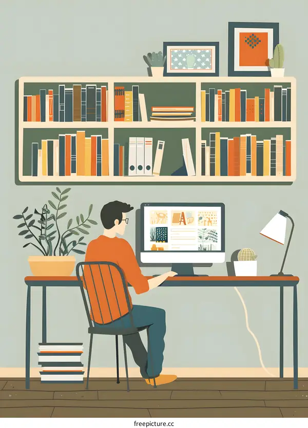 Man Working on Computer at Home Office Desk with Bookshelf