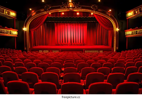 Empty Theater Seats Facing Stage with Red Curtains