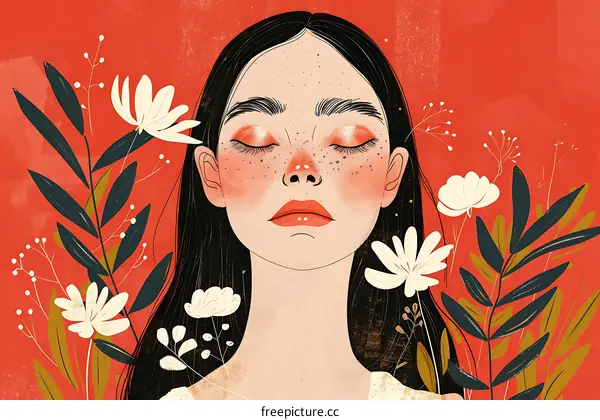 Woman with Closed Eyes Surrounded by Flowers