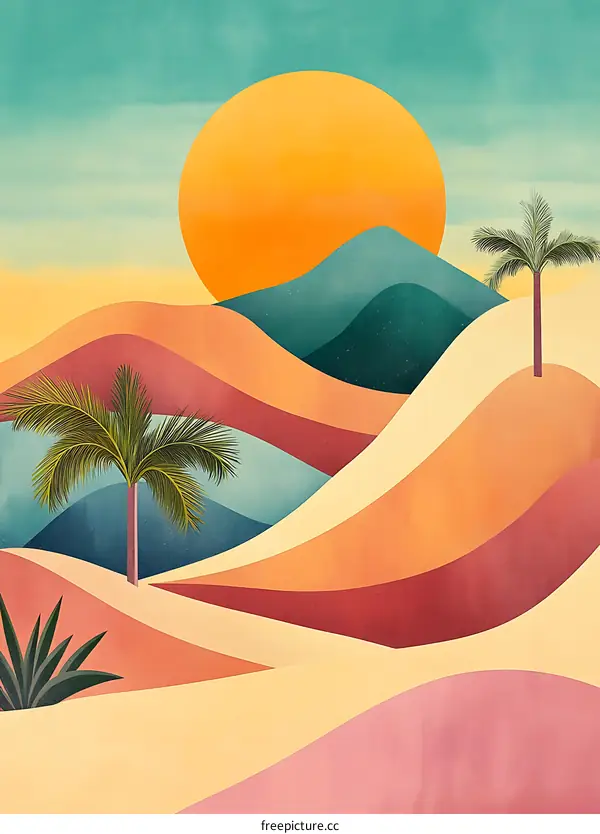 Abstract Summer Landscape with Palm Trees and Sun