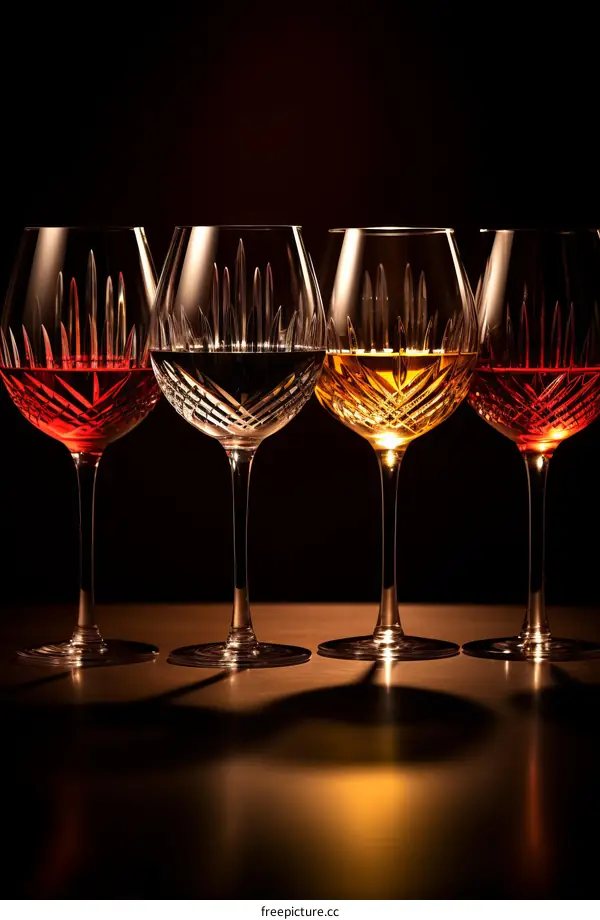 Four crystal wine glasses with different colored drinks in them