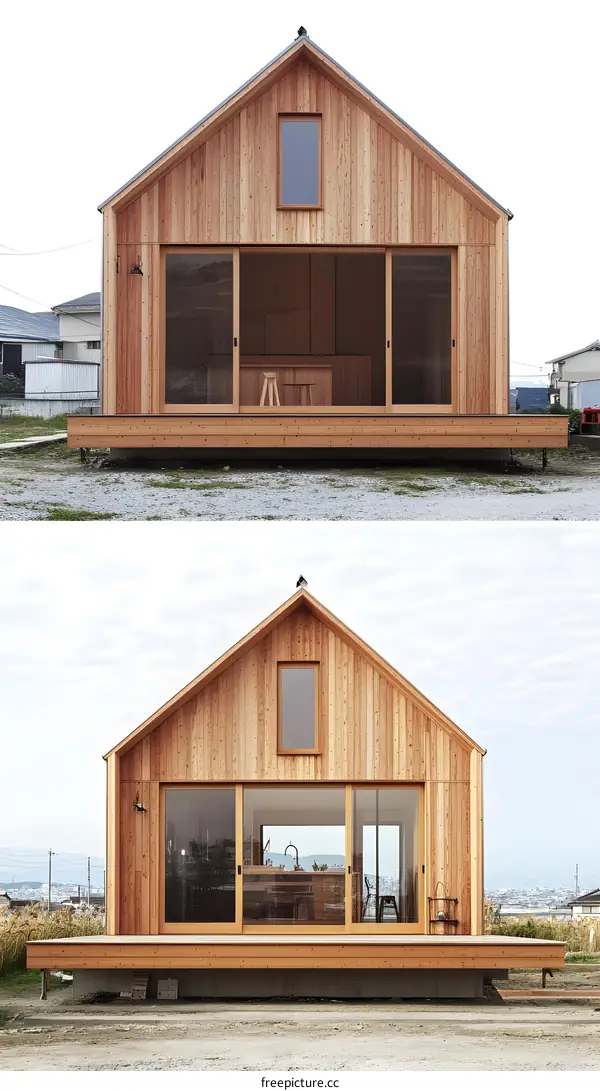 Modern Minimalist Wooden House Exterior with Sliding Doors and Deck