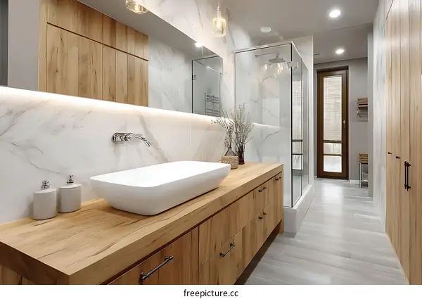 Modern Wooden Bathroom Vanity with Marble Backsplash