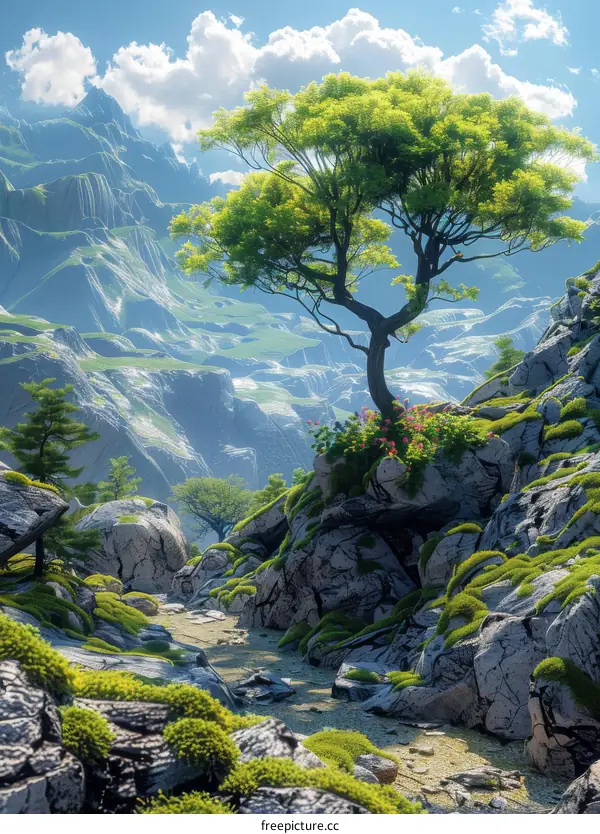 Fantasy landscape with mountains, rocks, and a tree
