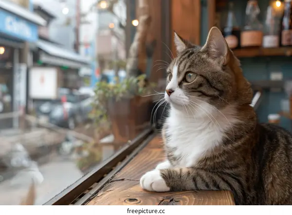 A cat is sitting on a wooden table looking out the window