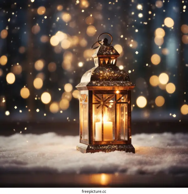 lantern in the snow with blurred lights in the background