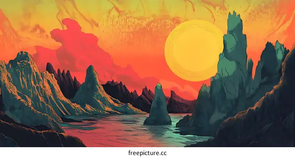 Abstract Mountain Landscape with a Giant Sun
