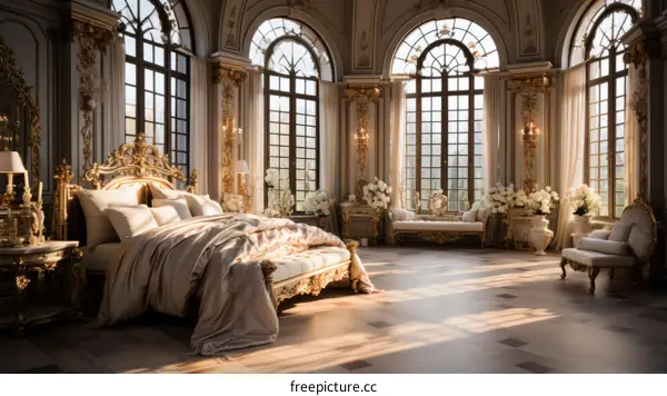 Ornate bedroom with a large bed, golden furniture, and large windows