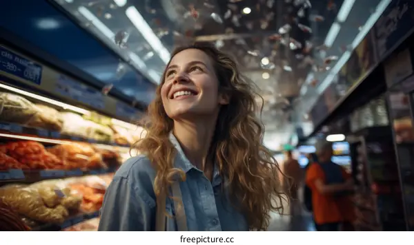 Happy young woman looking up at the grocery store