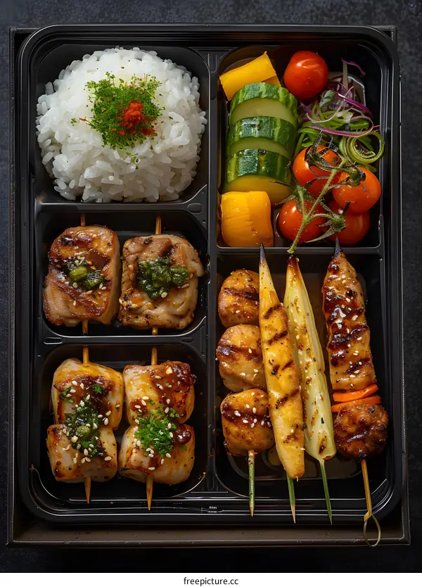 Japanese Food Bento Box With Grilled Chicken, Vegetables, and Rice