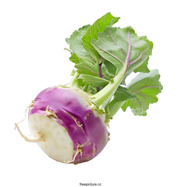 [Transparent Background PNG]Fresh Purple Kohlrabi Vegetable with Green Leaves
