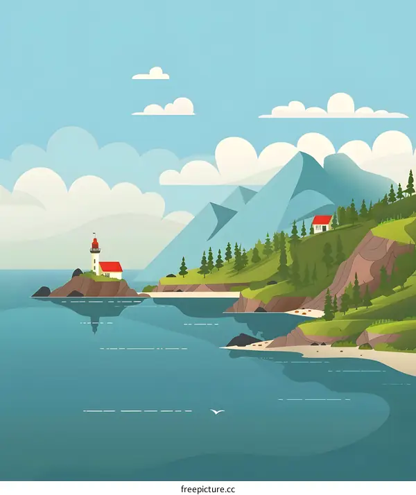 Coastal Landscape with Lighthouse and Mountains Illustration