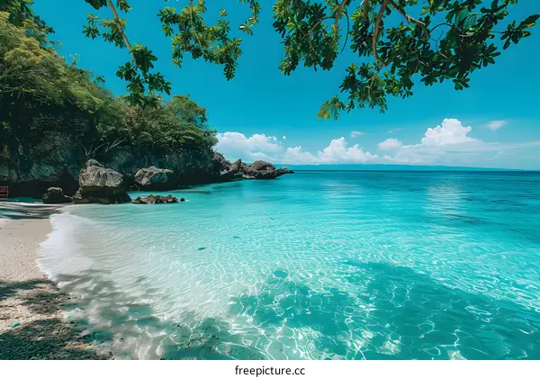 Tropical beach with turquoise water and blue sky