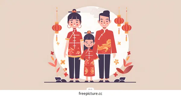 Happy Chinese New Year Family Illustration with Lanterns