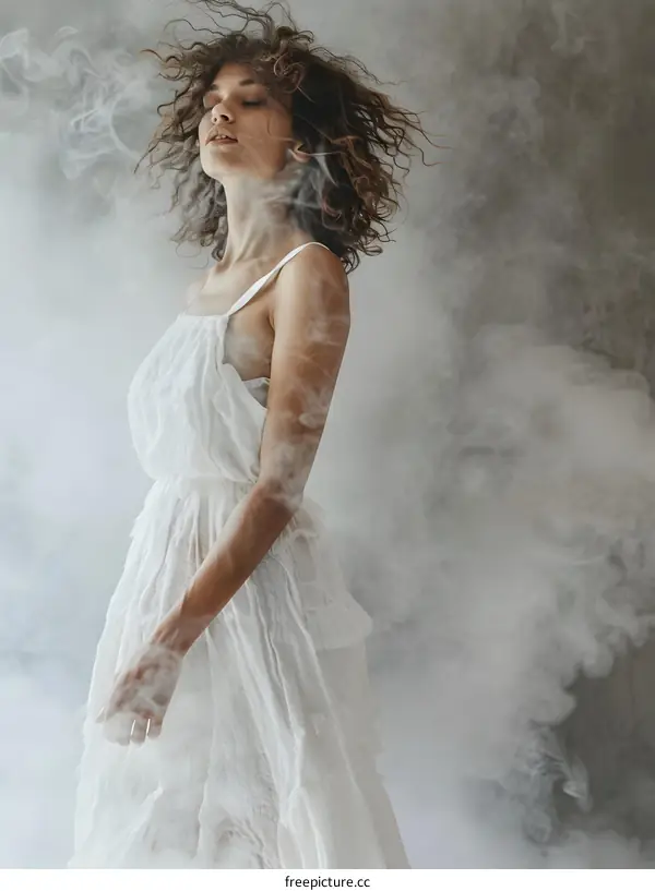 Curly-haired woman in a white dress standing in the smoke