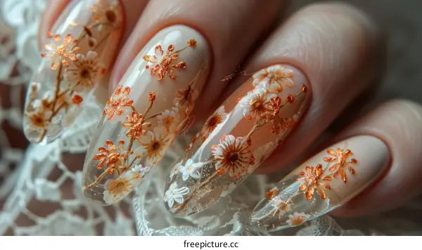 Delicate and elegant flower nail art with a white and orange color scheme