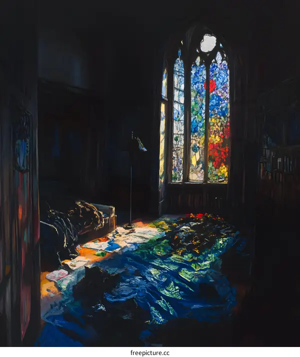 Stained Glass Window in a Dark Room