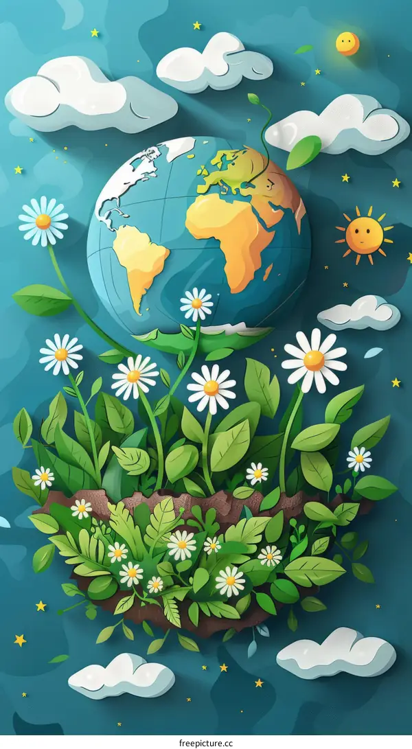 Cartoon Earth illustration with flowers and leaves