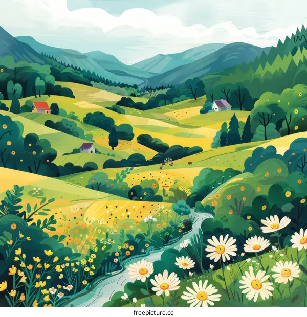 An illustration of a beautiful landscape with green hills, a river, and a meadow full of flowers