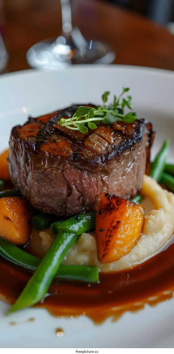 Beef tenderloin with mashed potatoes and green beans