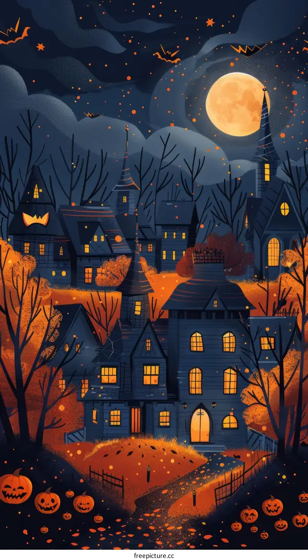 Halloween Haunted House Illustration with Pumpkins and Full Moon