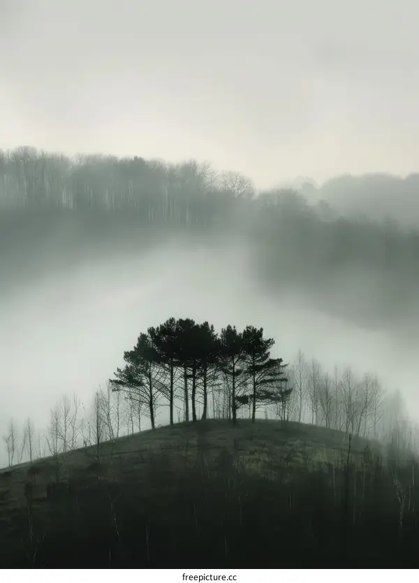Five Trees on a Hill in a Fog