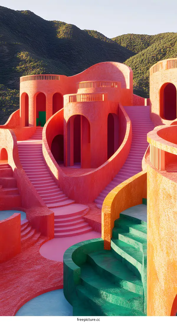 Abstract Architecture with Curved Stairs and Vibrant Colors