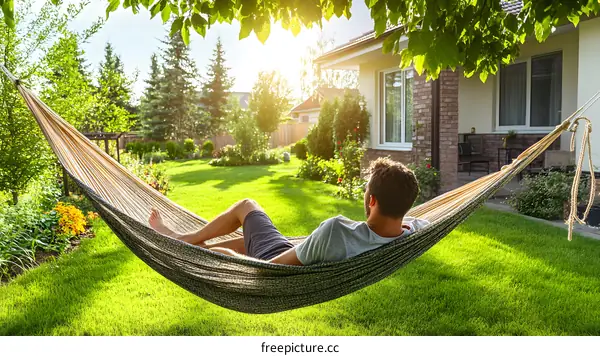 Man Relaxing in Hammock in Backyard