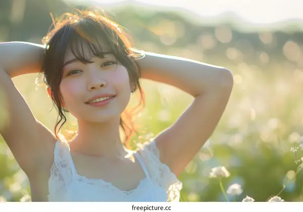 Portrait of a young woman standing in a field of flowers