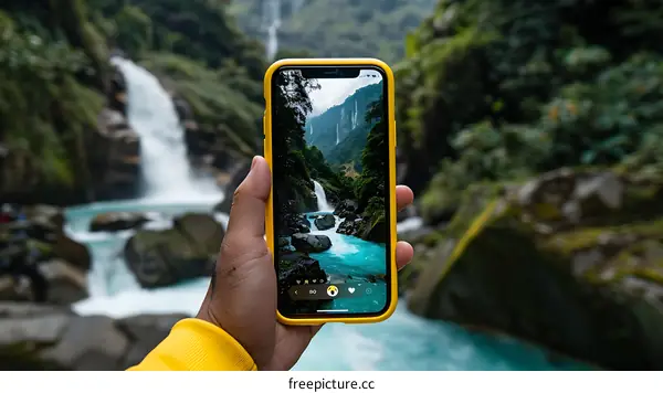 Person Holding a Smartphone Showing a Waterfall in a Forest