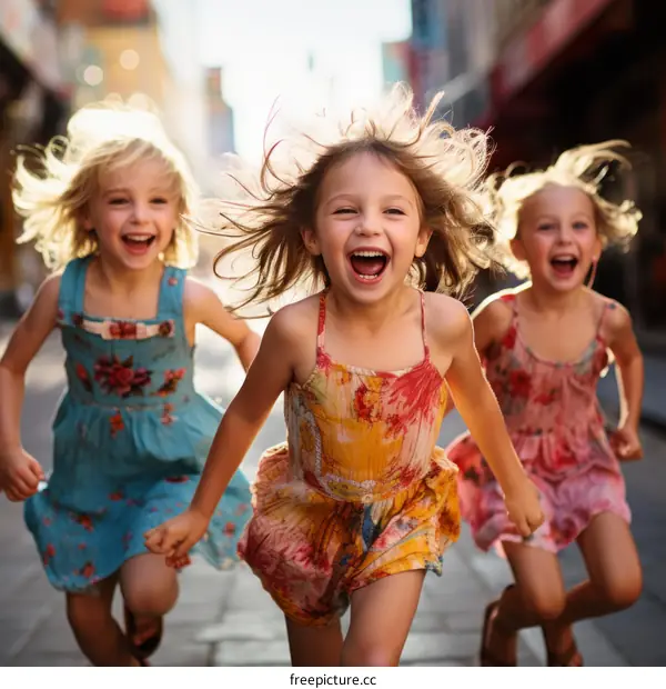 Three happy girls running down the street