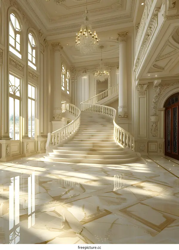 European style indoor luxury mansion staircase and lobby