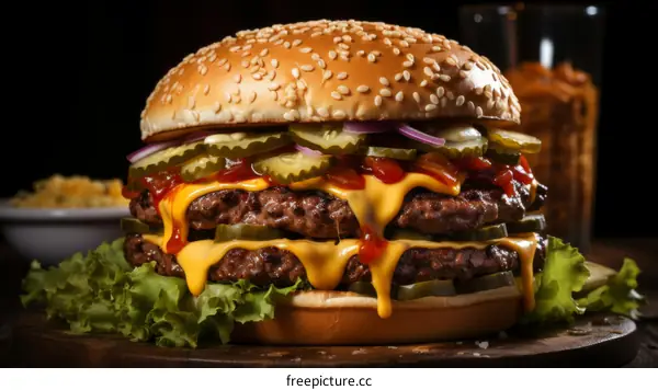 yummy double cheeseburger with pickles and ketchup