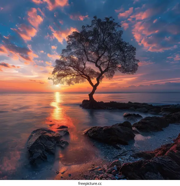 Solitary Tree by the Tranquil Sea at Sunset
