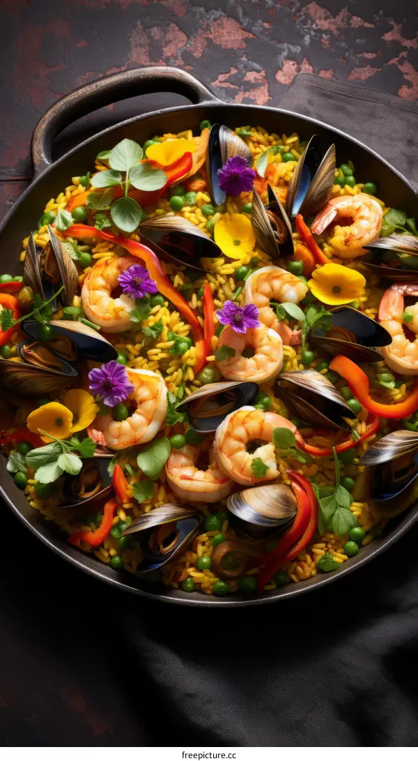 Seafood Paella with Shrimp, Mussels, and Peas