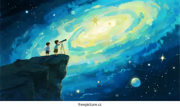 Children Looking at Spiral Galaxy Through Telescope on Cliff
