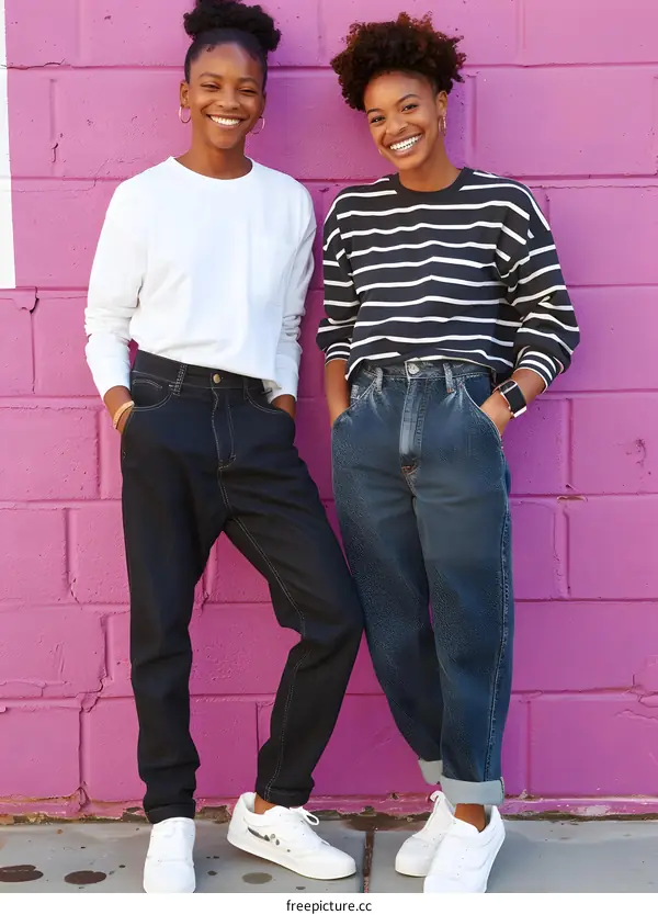Two Black Women Wearing Jeans and Smiling While Standing in Front of a Pink Wall