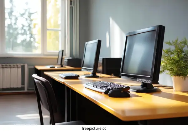 Computer Lab with Empty Desks and Sunlight