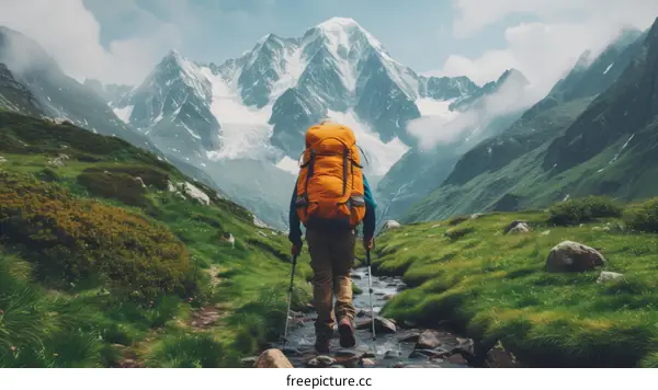 A backpacker hiking in the mountains