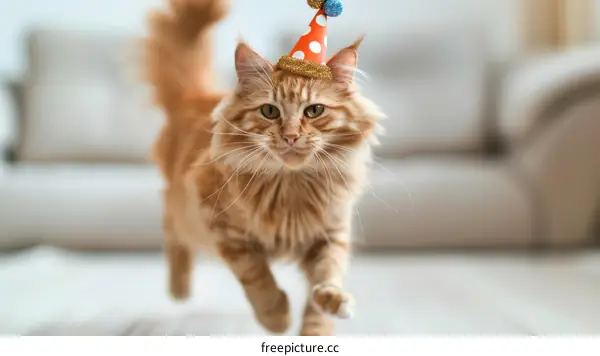 A ginger cat wearing a party hat is running towards the camera