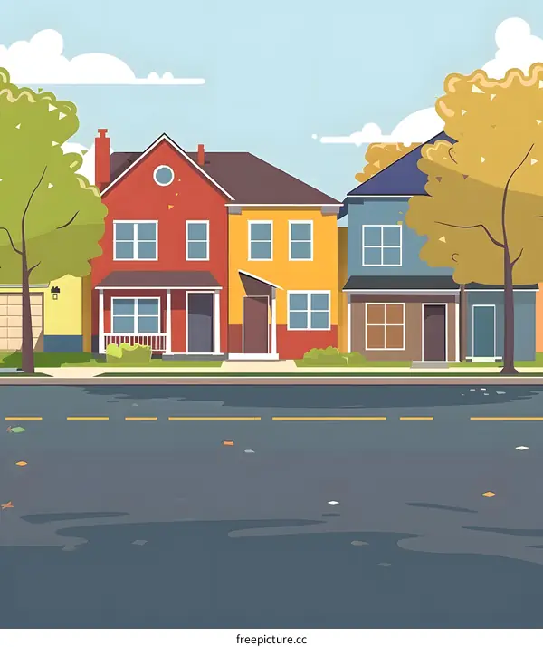 Cartoon Illustration of Suburban Neighborhood with Houses and Trees