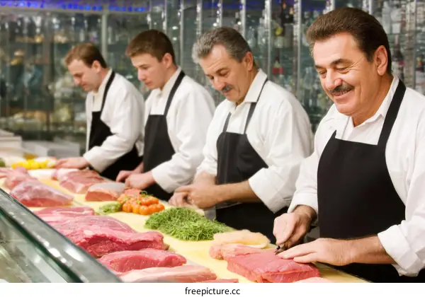 Butchers Displaying Fresh Meat at Market Stall
