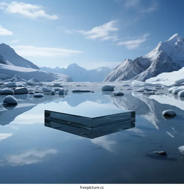 Glass Platform Floating on Icy Water with Mountains in the Background